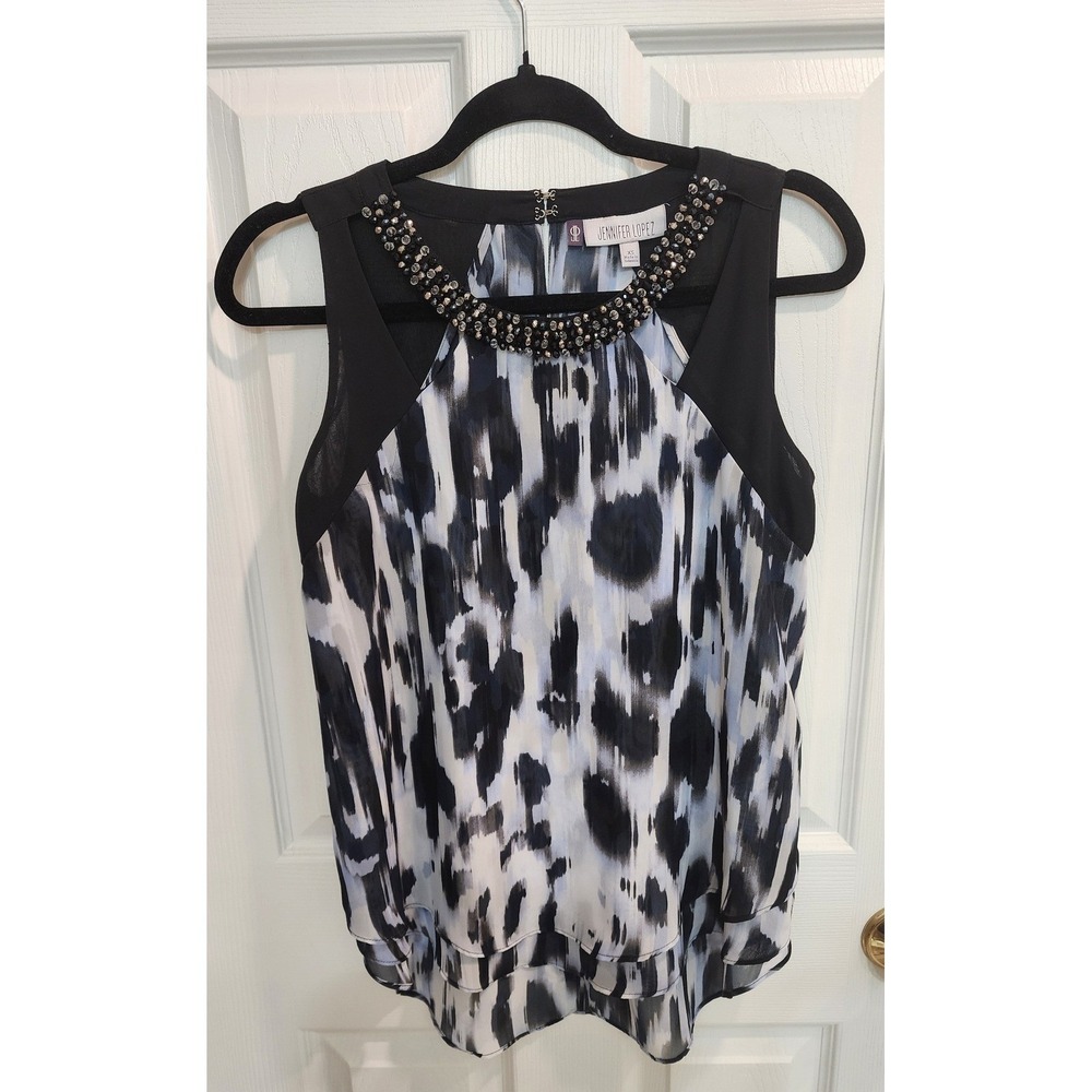 Jennifer Lopez Womens Black‎ White Abstract Embellished Neck Sleeveless Top XS